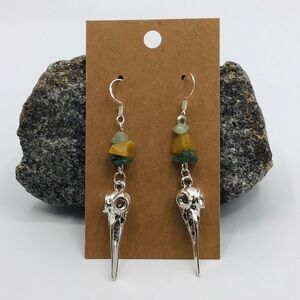 New Earrings Bird Skull Natural Gemstone Steampunk Boho Dangle Hook Silver Tone